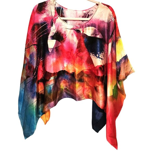 Poncho Shirt blouse Multicolor artsy Womens Lightweight summer vacation vibrant - Picture 1 of 4